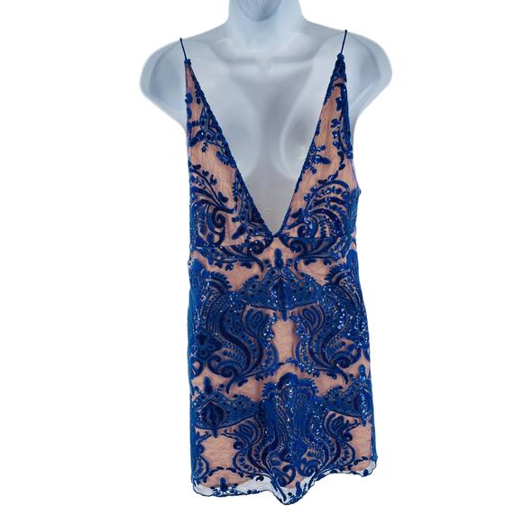 Free People Navy Blue Sequin Lace Nude Strappy Cocktail Fancy Slip Dress 4 NWT - Picture 3 of 14